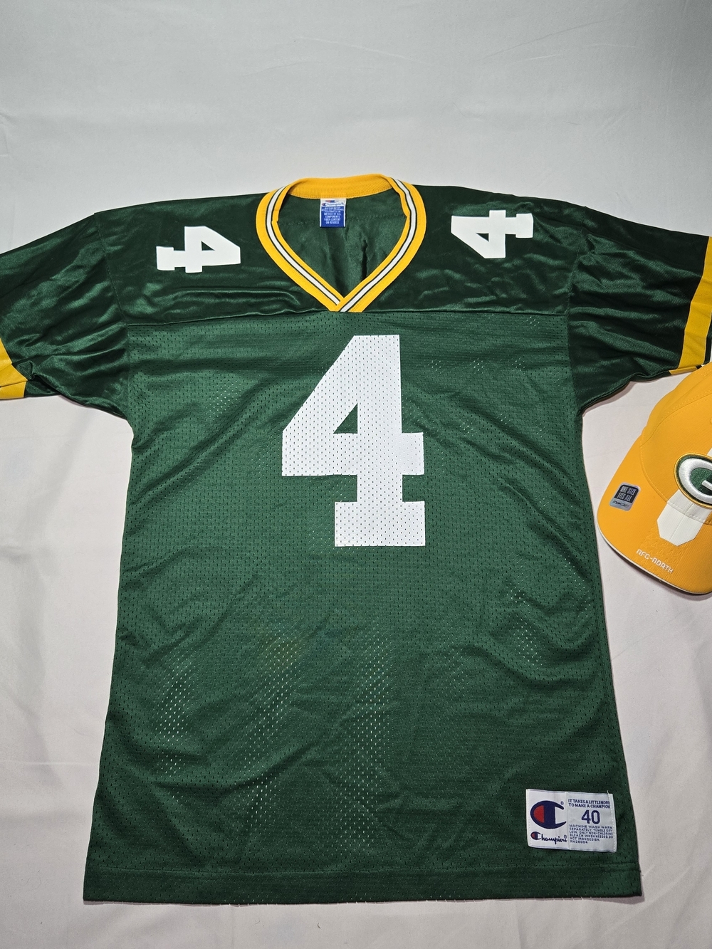 VTG 90s Green Bay Packers Brett Favre #4 NFL Champion Jersey Size 40 Med + HAT